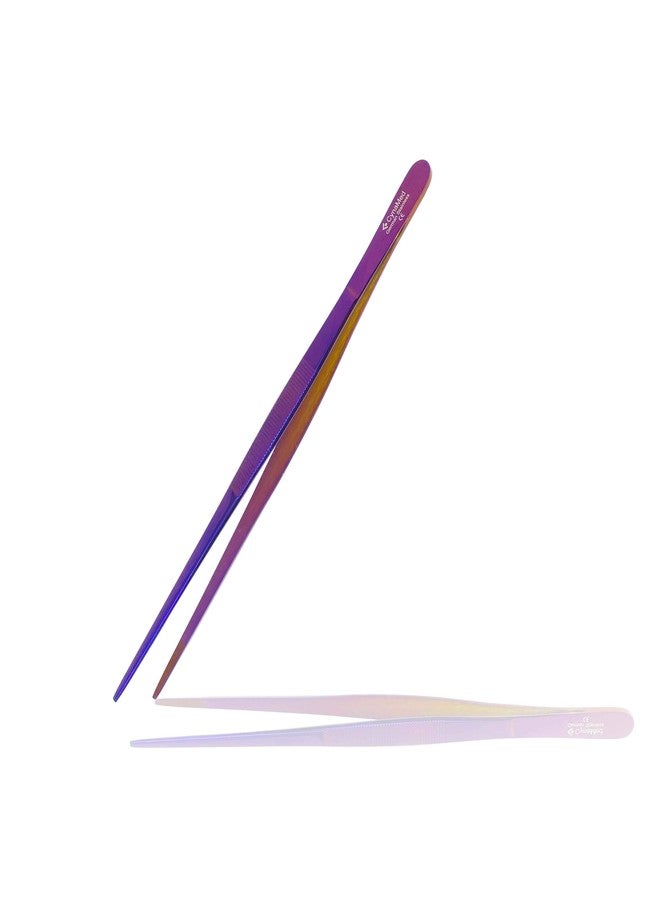 Cynamed 10” Kitchen Premium Tongs Tweezers Stainless Steel, Long with Precision Serrated Tips (Purple) - Image 1