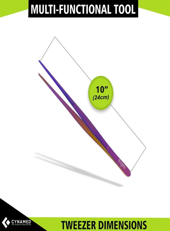 Cynamed 10” Kitchen Premium Tongs Tweezers Stainless Steel, Long with Precision Serrated Tips (Purple) - Image 4