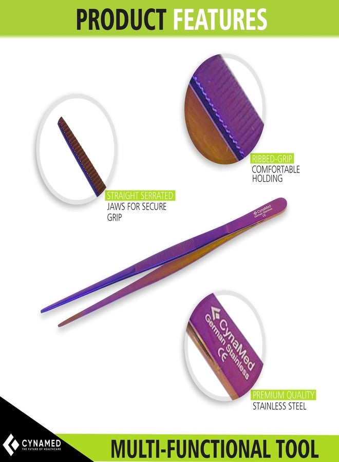 Cynamed 10” Kitchen Premium Tongs Tweezers Stainless Steel, Long with Precision Serrated Tips (Purple) - Image 2