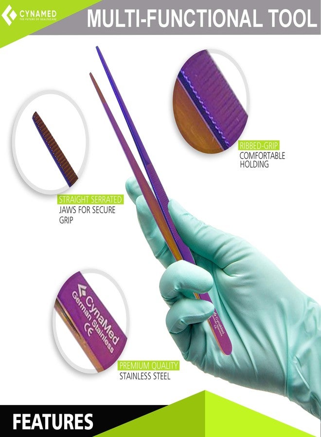 Cynamed 10” Kitchen Premium Tongs Tweezers Stainless Steel, Long with Precision Serrated Tips (Purple) - Image 3