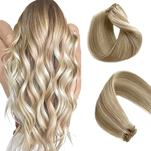Valiilo Weft Hair Extensions Human Hair Beige Blonde Mix Platinum Blonde Highlights Sew In Real Hand Tied 12inch 80g - Image 1