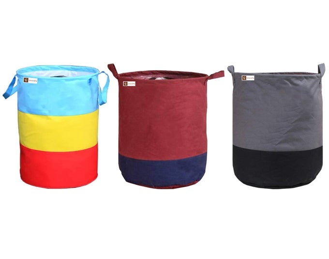 NON WOVEN LAUNDRY BAG 45 L DURABLE AND COLLAPSIBLE LAUNDRY STORAGE BAG WITH HANDLES CLOTHESTOYS STORAGE FOLDABLE LAUNDRY BAG FOR DIRTY CLOTHES COMBO PACK OF 3 PC MULTICOLOR MAROONGREY