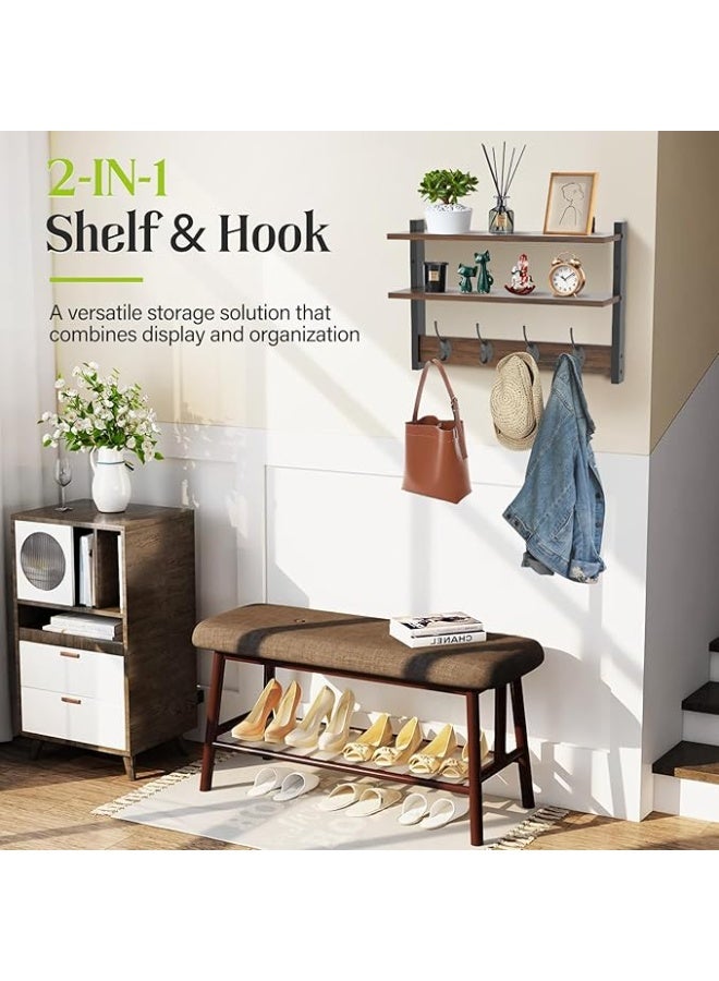 Arabest Two-Tier Wall Shelf with Hooks, 17" Coat Rack Wall Mount with Shelf, Key Hooks for Wall with Heavy Duty Double Hooks, Coat Hook Wall Mounted for Bedroom, Living Room, Rustic Brown - Image 3