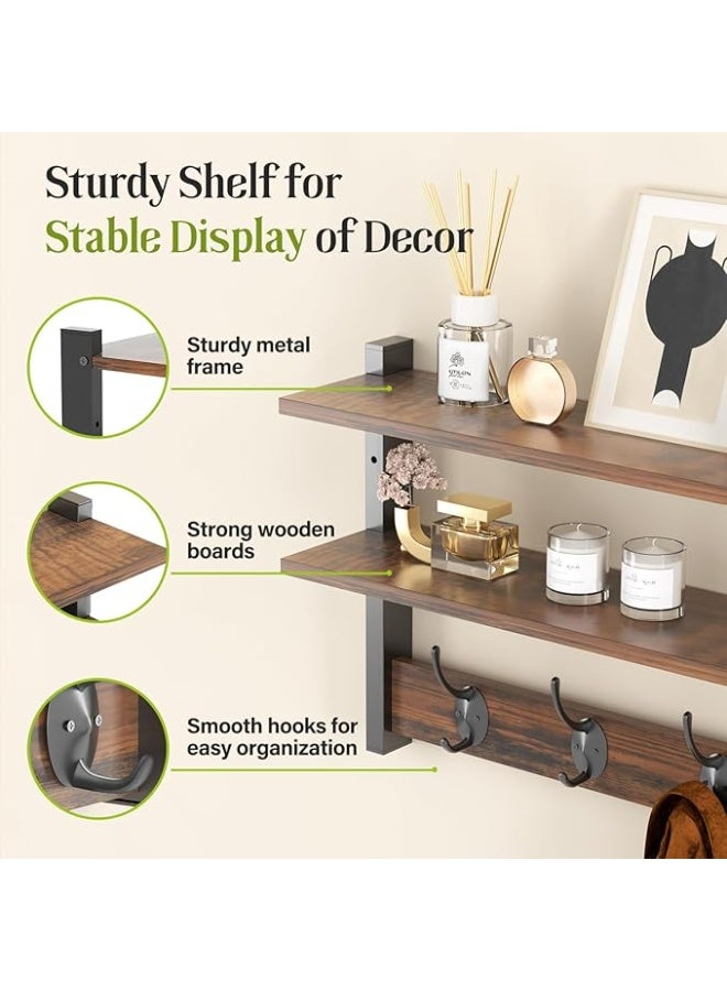 Arabest Two-Tier Wall Shelf with Hooks, 17" Coat Rack Wall Mount with Shelf, Key Hooks for Wall with Heavy Duty Double Hooks, Coat Hook Wall Mounted for Bedroom, Living Room, Rustic Brown - Image 4
