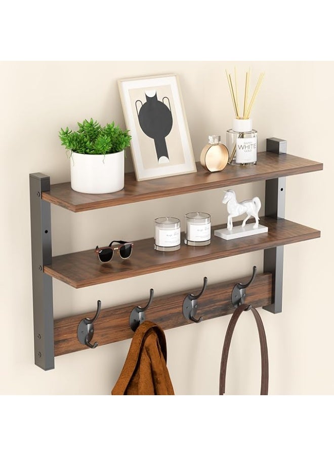 Arabest Two-Tier Wall Shelf with Hooks, 17" Coat Rack Wall Mount with Shelf, Key Hooks for Wall with Heavy Duty Double Hooks, Coat Hook Wall Mounted for Bedroom, Living Room, Rustic Brown - Image 1