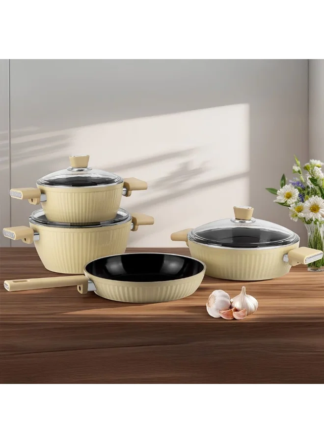 DANUBE HOME Lines 7-Piece Cristal Cookware Set – Titanium Teflon Coating, PFOA-Free Nonstick Cookware – Durable, Heat-Resistant Pots & Pans for Kitchen, Cooking & Frying - Cream