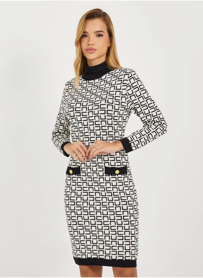 Styli All Over Print 3/4th Sleeves Sweater Knee Length Dress