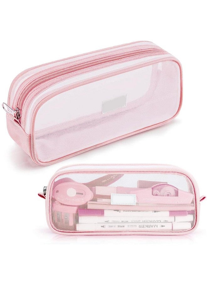 فنبلاست حافظة أقلام FunBlast، حقيبة أقلام شفافة مزودة بسحاب للإغلاق، حقيبة مكياج شفافة محمولة، حقيبة أقلام كبيرة السعة، حقيبة قرطاسية للطلاب والفتيات والبالغين والمكاتب (وردي) - Image 1