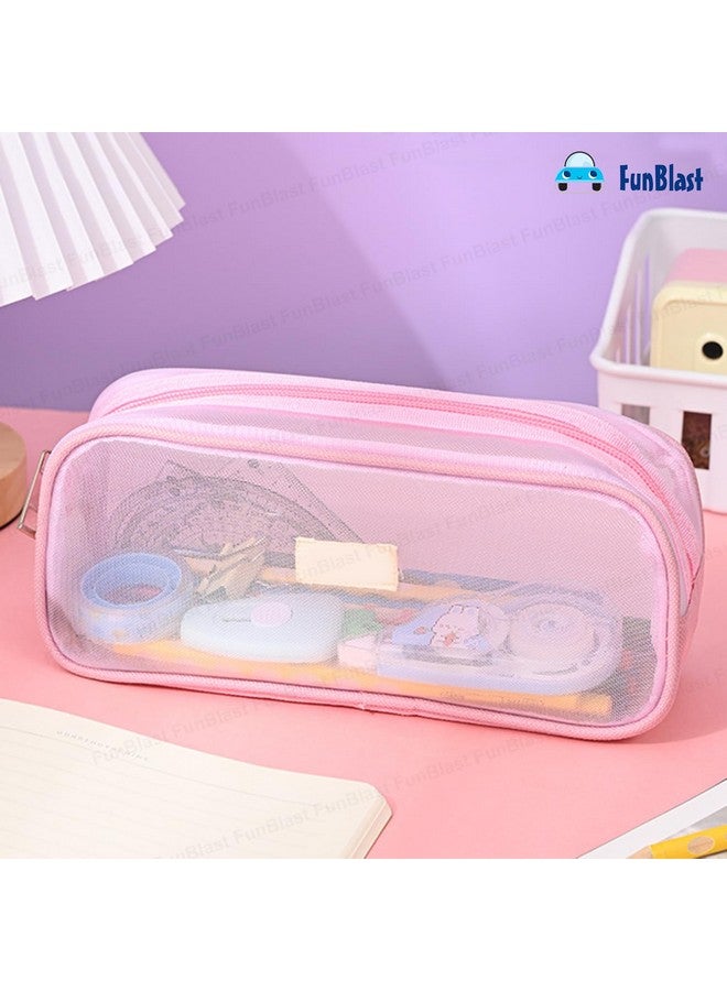 فنبلاست حافظة أقلام FunBlast، حقيبة أقلام شفافة مزودة بسحاب للإغلاق، حقيبة مكياج شفافة محمولة، حقيبة أقلام كبيرة السعة، حقيبة قرطاسية للطلاب والفتيات والبالغين والمكاتب (وردي) - Image 5