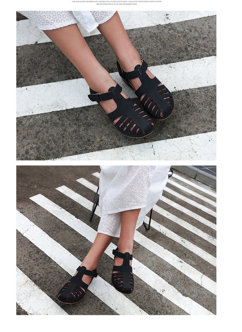 SIKETU Summer Hollow Out Retro Wedge Sandals Black  - Image 4
