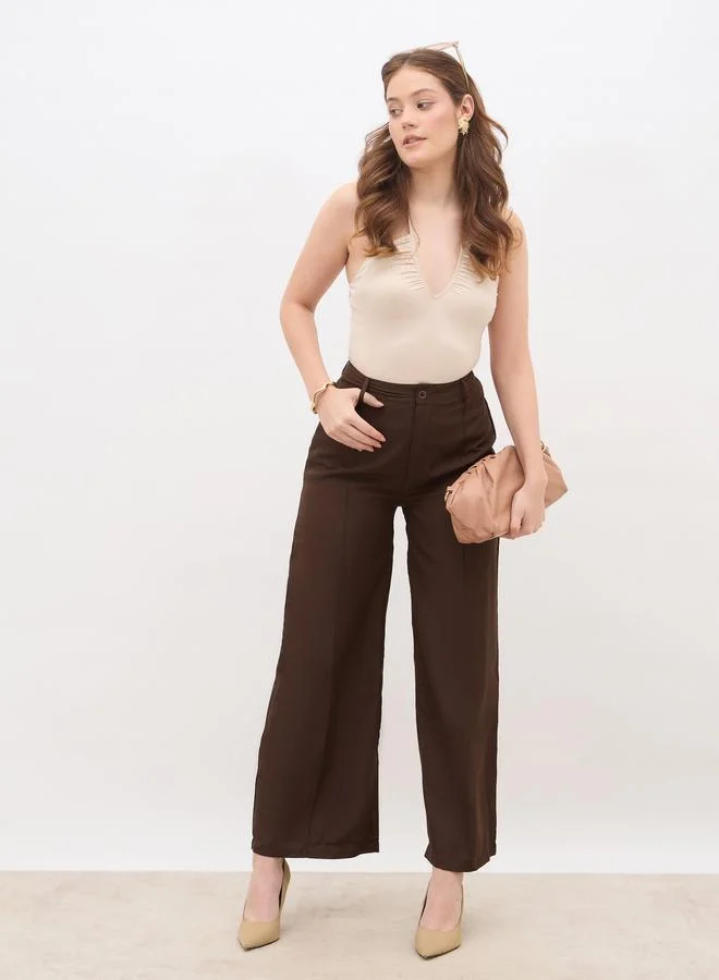 Styli Solid Tailored Wide Leg Pants with Pintuck Detail