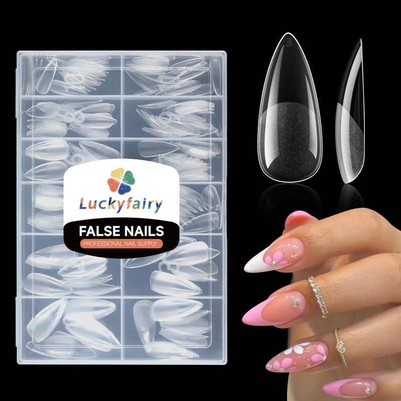 Luckyfairy Medium Stiletto Nail Tips: 240 Pcs Full Cover Almond Shape False Nail Acrylic Soft Gel Nails Tips Clear Stiletto Press on Tips Pre-buffed for Nail Art Extension Salon Home DIY 12 Sizes - Image 1