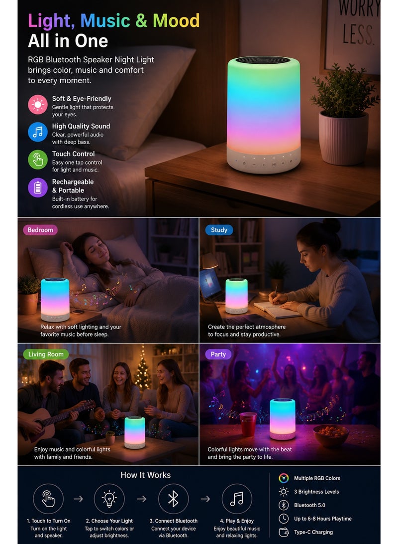 مصباح RGB مع سماعة بلوتوث وإضاءة ليلية بتحكم باللمس – مصباح LED قابل لإعادة الشحن مع إضاءة مزاجية وسماعة موسيقى لاسلكية لغرفة النوم والهدايا - Image 3