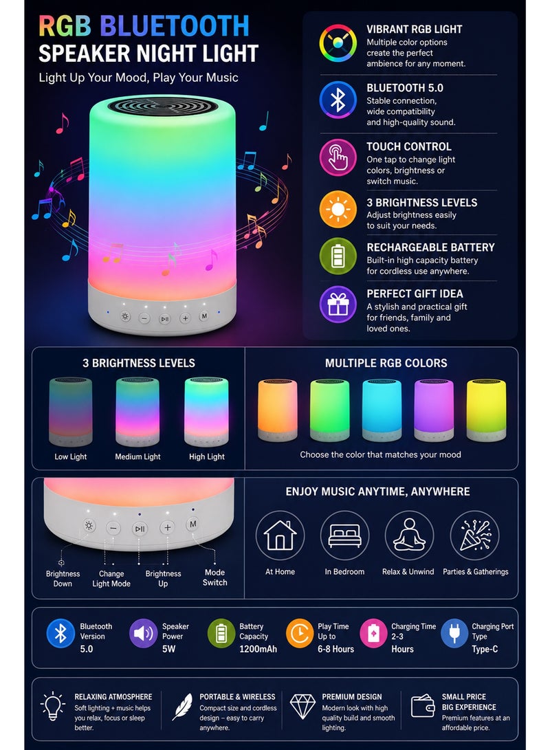 مصباح RGB مع سماعة بلوتوث وإضاءة ليلية بتحكم باللمس – مصباح LED قابل لإعادة الشحن مع إضاءة مزاجية وسماعة موسيقى لاسلكية لغرفة النوم والهدايا - Image 2