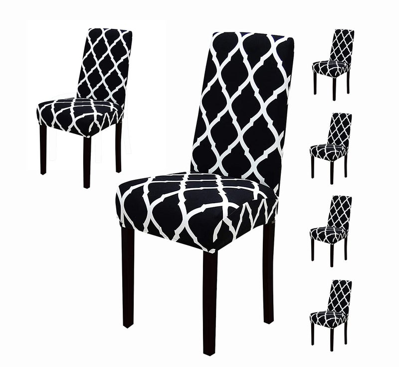 House of Quirk Polyester Elastic Chair Cover Stretch Removable Washable Short Dining Chair Cover Protector Seat Slipcover (6 Cover, Black Diamond) - Image 1