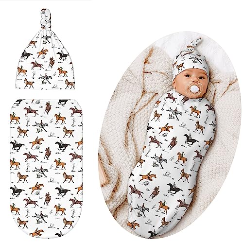 Qwalnely Horse Swaddling Blanket for Baby, Western Baby Stuff with Hat - Image 1
