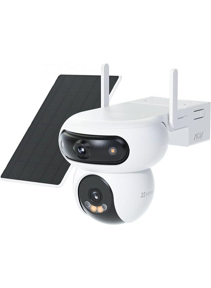 كاميرا مراقبة واي فاي لاسلكية 360 مع لوحة شمسية HB90+8W 4MP+4MP على بطارية مزدوجة العدسة موتورized سعة 10400mAh، وضع التشغيل المستمر، كشف الأشخاص/المركبات، تتبع تلقائي - Image 1
