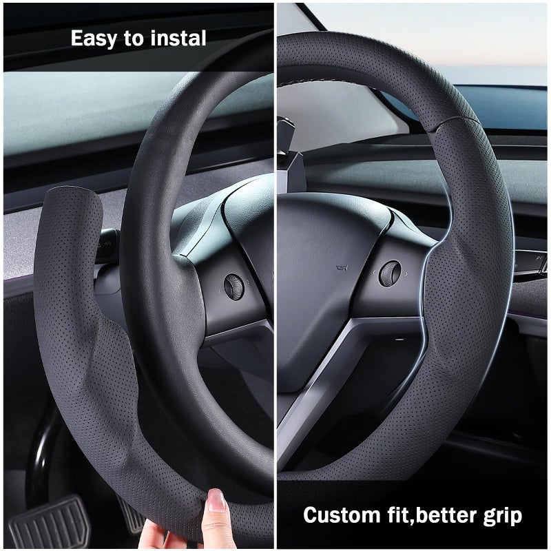 Aotoyou Steering Wheel Cover for 2017-2023 Tesla Model 3 2020-2024 Tesla Model Y, Leather Steering Wheel Cover for Tesla Model 3/Y Accessories, Black - Image 5