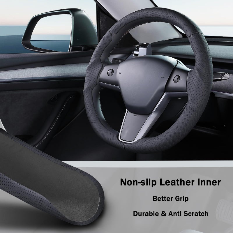 Aotoyou Steering Wheel Cover for 2017-2023 Tesla Model 3 2020-2024 Tesla Model Y, Leather Steering Wheel Cover for Tesla Model 3/Y Accessories, Black - Image 3