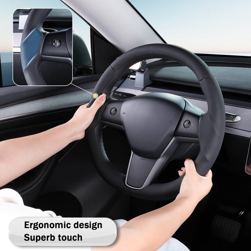Aotoyou Steering Wheel Cover for 2017-2023 Tesla Model 3 2020-2024 Tesla Model Y, Leather Steering Wheel Cover for Tesla Model 3/Y Accessories, Black - Image 4