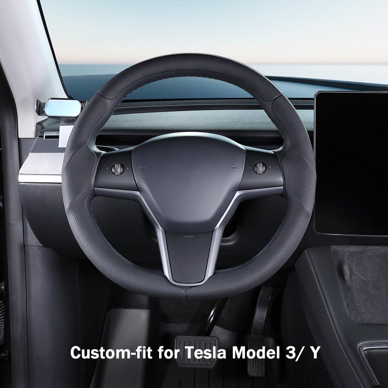 Aotoyou Steering Wheel Cover for 2017-2023 Tesla Model 3 2020-2024 Tesla Model Y, Leather Steering Wheel Cover for Tesla Model 3/Y Accessories, Black - Image 2