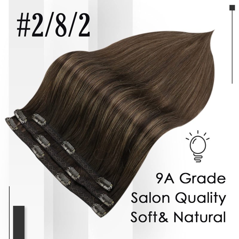Full Shine Brown Hair Extensions Clip ins Real Human Hair Dark Brown Ombre 8 Ash Brown Mix 2 Brown Straight Hair Extensions Remy Hair 12 Inch for Short Hair 3Pcs Lace Weft - Image 2