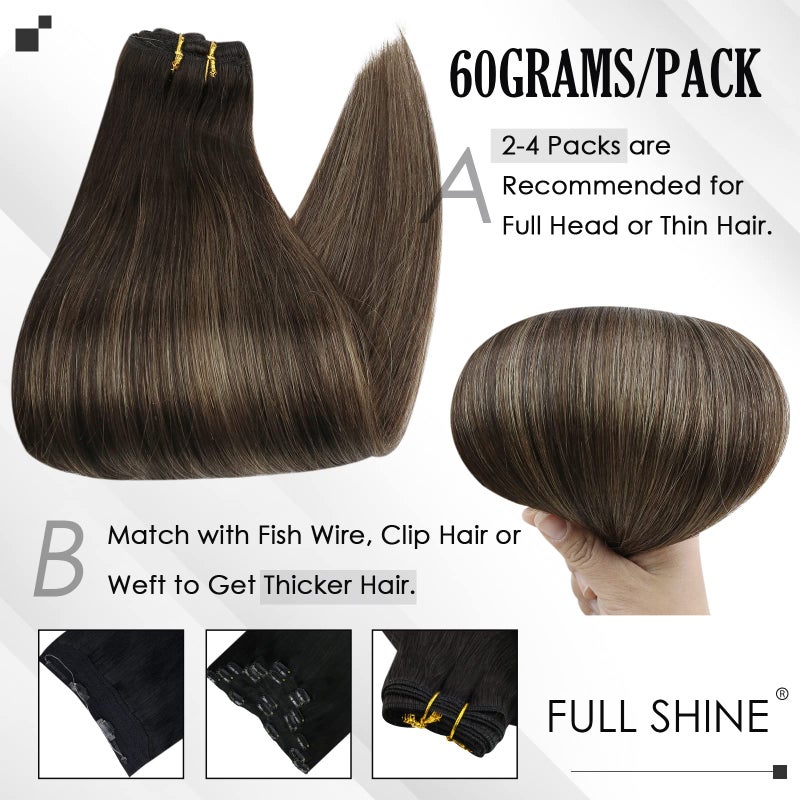 Full Shine Brown Hair Extensions Clip ins Real Human Hair Dark Brown Ombre 8 Ash Brown Mix 2 Brown Straight Hair Extensions Remy Hair 12 Inch for Short Hair 3Pcs Lace Weft - Image 4