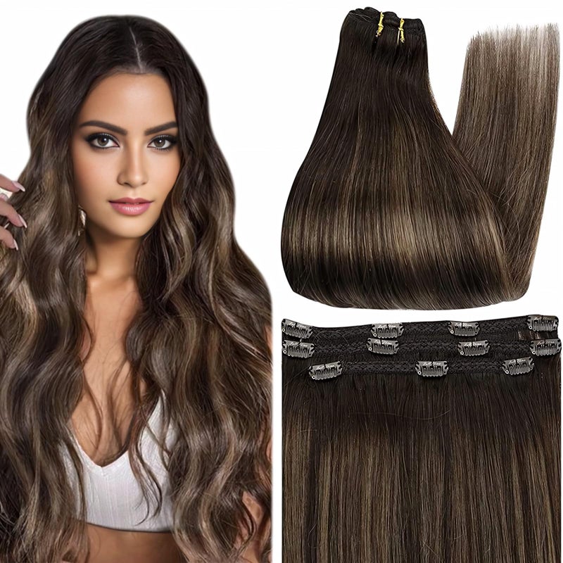 Full Shine Brown Hair Extensions Clip ins Real Human Hair Dark Brown Ombre 8 Ash Brown Mix 2 Brown Straight Hair Extensions Remy Hair 12 Inch for Short Hair 3Pcs Lace Weft - Image 1