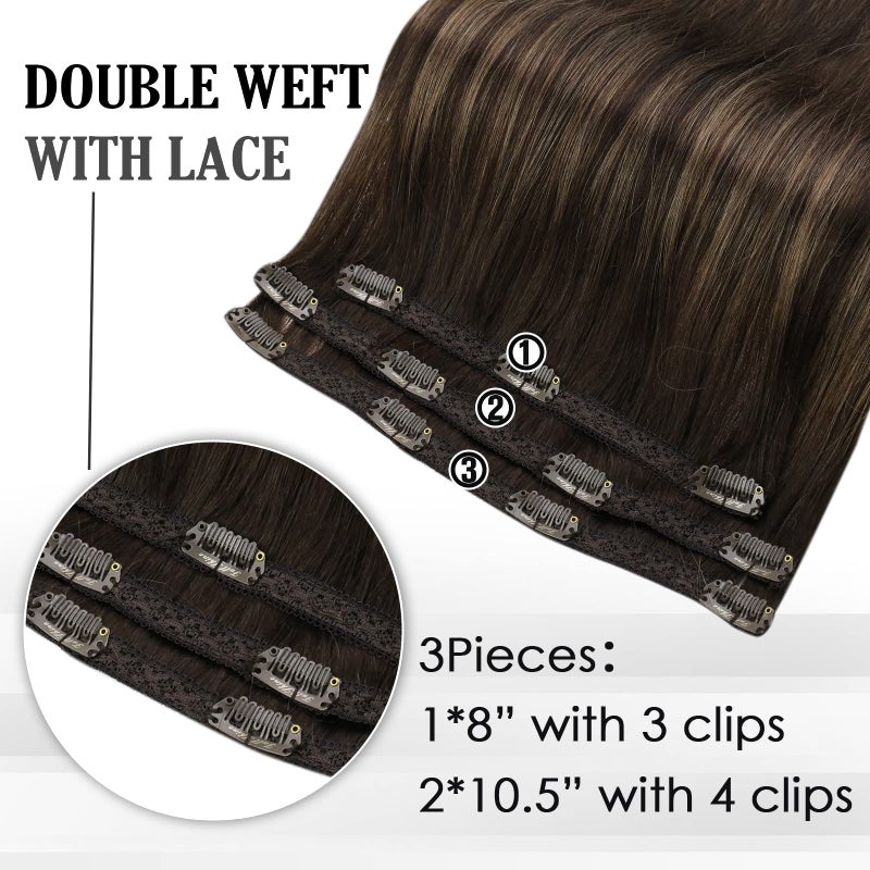 Full Shine Brown Hair Extensions Clip ins Real Human Hair Dark Brown Ombre 8 Ash Brown Mix 2 Brown Straight Hair Extensions Remy Hair 12 Inch for Short Hair 3Pcs Lace Weft - Image 3