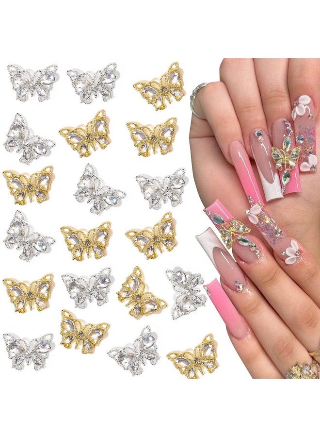 Canvalite 20Pcs Butterfly Nail Charms 3D Luxury Butterfly Nail Gems Gold Silver Butterfly Nail Diamond Shiny Nail Rhinestones For Acrylic Nails Nail Art Supplies Nail Gems For Women Girls Manicure - Image 1