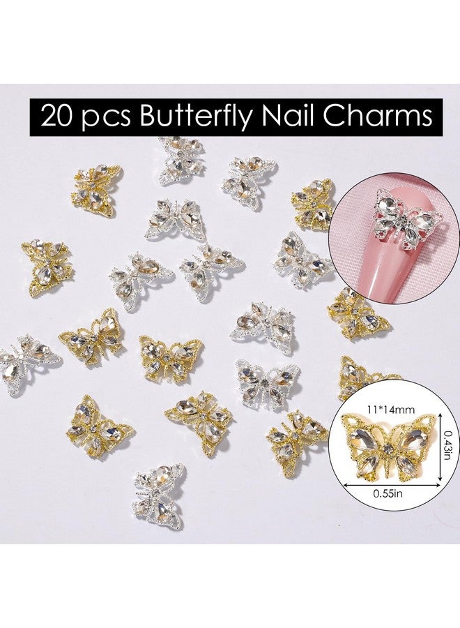 Canvalite 20Pcs Butterfly Nail Charms 3D Luxury Butterfly Nail Gems Gold Silver Butterfly Nail Diamond Shiny Nail Rhinestones For Acrylic Nails Nail Art Supplies Nail Gems For Women Girls Manicure - Image 2
