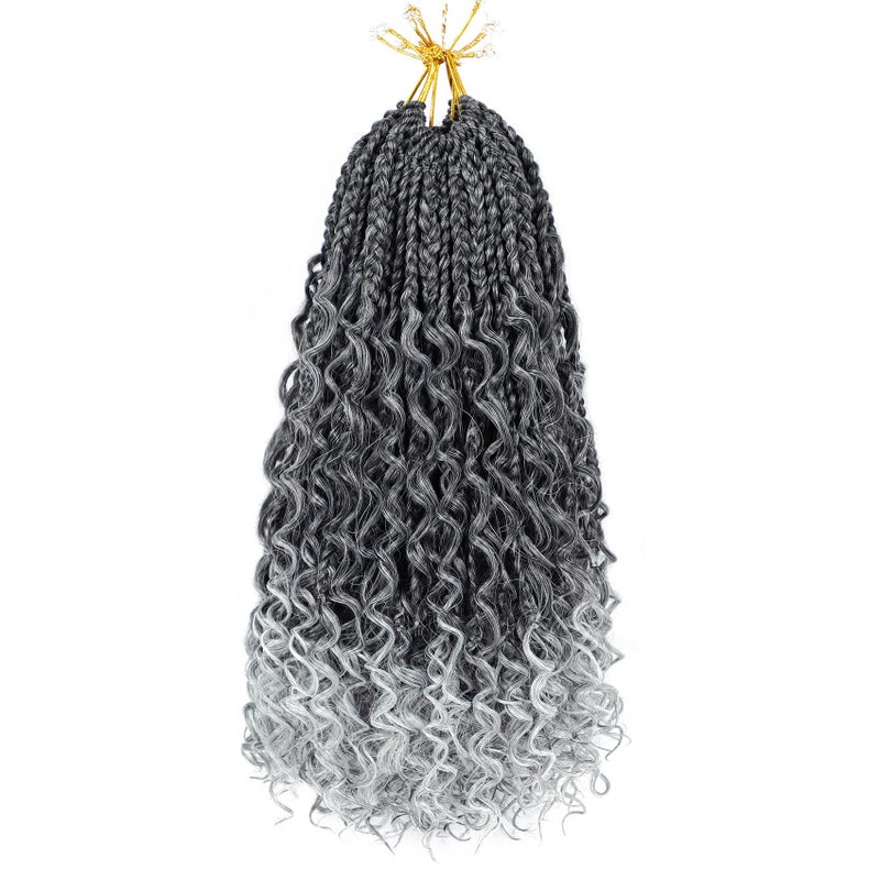 Goddess Box Braids Crochet Hair 14 Inch 8 Packs Prelooped Bohemian Crochet Boho Box Braids With Curly Ends Grey 3X Crochet Braids Hair for Women Synthetic Braiding Hair 14inchTGRAY