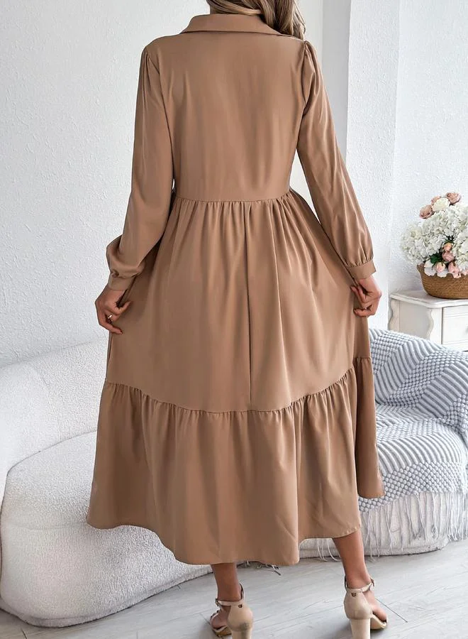 Take Two camel Beige A-Line Midi Dress with Long Sleeves for Women | Best Price UAE