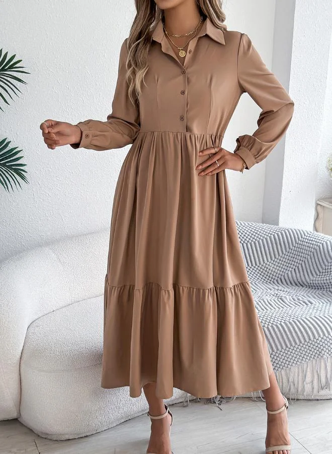 Take Two camel Beige A-Line Midi Dress with Long Sleeves for Women | Best Price UAE