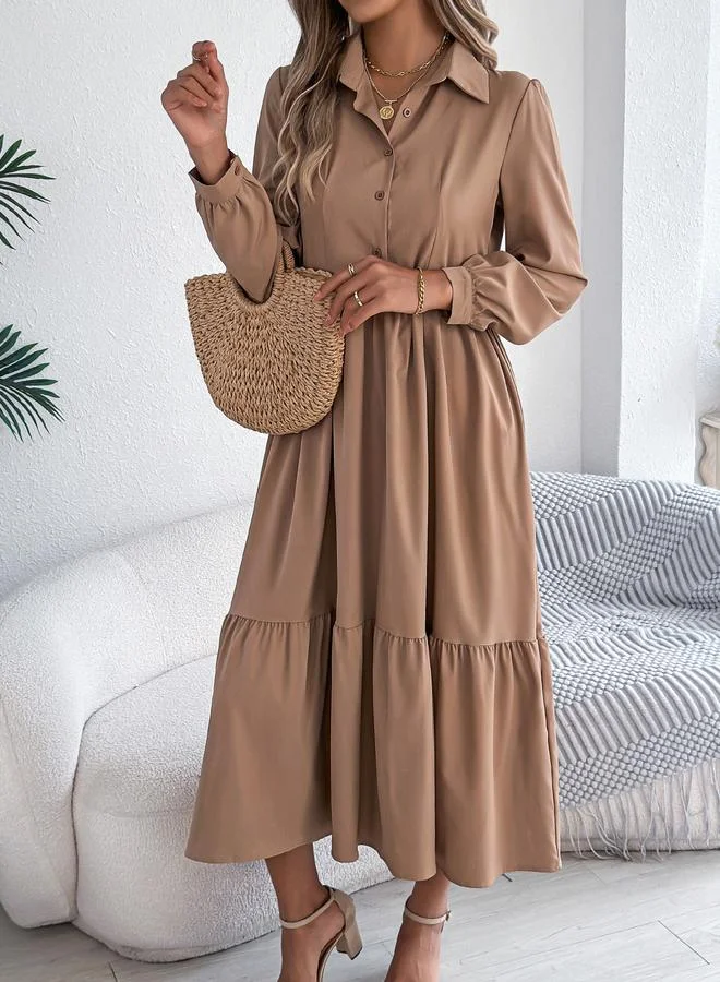 Take Two camel Beige A-Line Midi Dress with Long Sleeves for Women | Best Price UAE