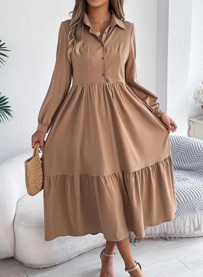 Take Two Beige A-Line Midi Dress with Long Sleeves