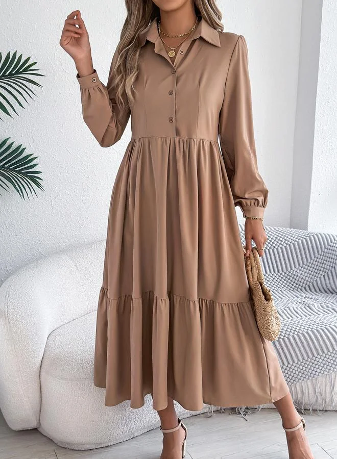 Take Two Beige A-Line Midi Dress with Long Sleeves