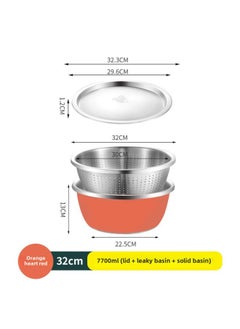 304 Stainless Steel Colorful Cooking Basin With Lid Salad Basin Baking And Noodle Egg Bowl Baby Washing Bottle Draining Basin-规格:304料理盆+漏盆+钢盖-32CM-橙心红-颜色:默认项