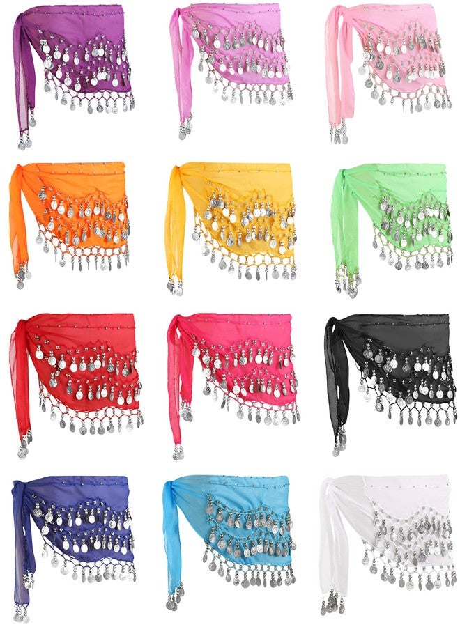 زانماي مجموعة زانماي المكونة من 12 قطعة من أوشحة رقص شرقي للراقصات الشرقيات، 12 لوناً، سلسلة خصر، حزام وشاح رقص مع عملات معدنية متدلية (عملات فضية، تصميم لامع). - Image 1