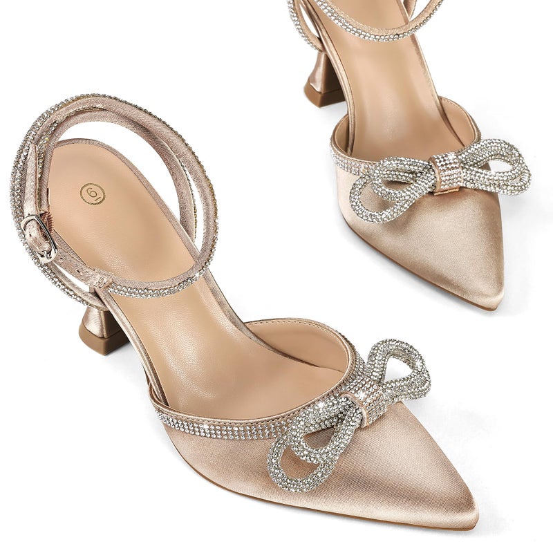 mysoft Women's Rhinestone Bow Pumps Wedding Dress Shoes Pointed Toe Ankle Strap Kitten Heels - Image 3