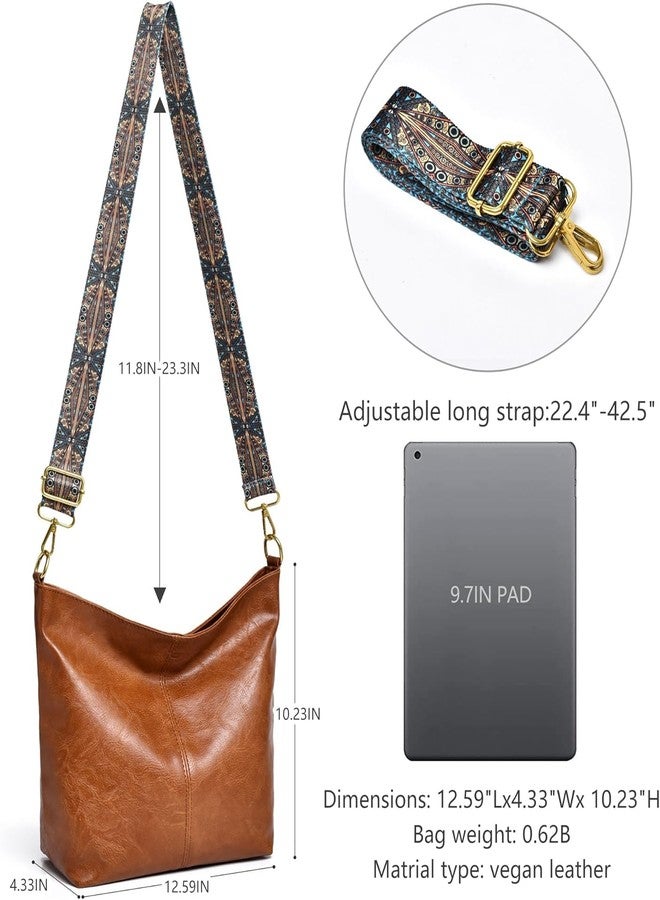 كون حقيبة كتف صغيرة من Kawn® للنساء والفتيات، مزودة بحزام عريض بنمط جيتار بوهيمي، مناسبة للعمل والسفر، مصنوعة من الجلد النباتي، بتصميم كلاسيكي، حقيبة كروسبودي أنيقة للنساء، مزودة بسحاب (بني). - Image 5