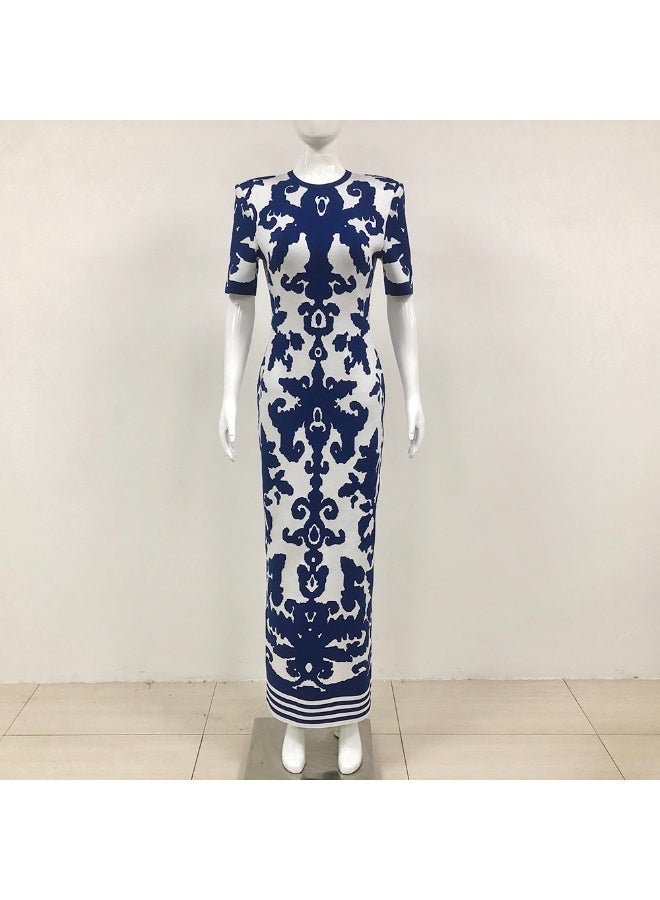 Elegant Blue and White Floral Jacquard Maxi Dress Formal Evening Gown - Image 2