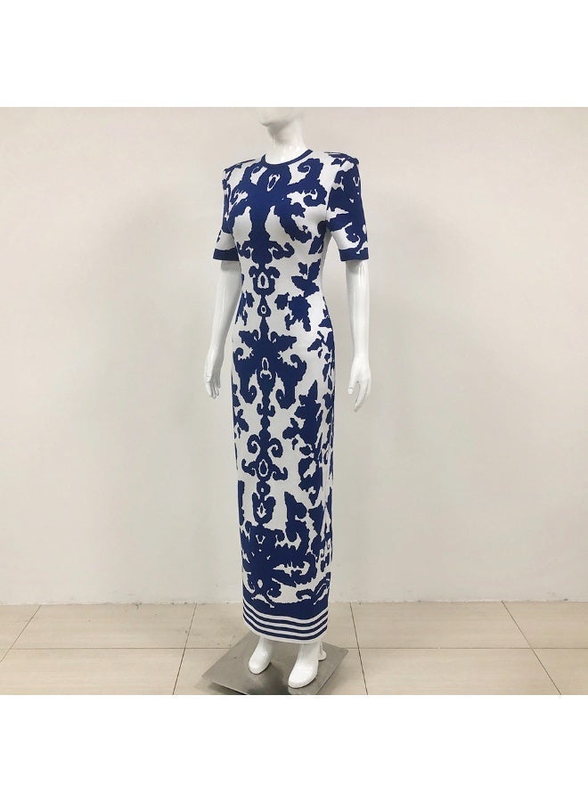 Elegant Blue and White Floral Jacquard Maxi Dress Formal Evening Gown - Image 3
