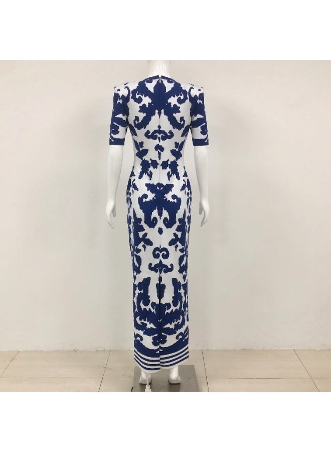 Elegant Blue and White Floral Jacquard Maxi Dress Formal Evening Gown - Image 4