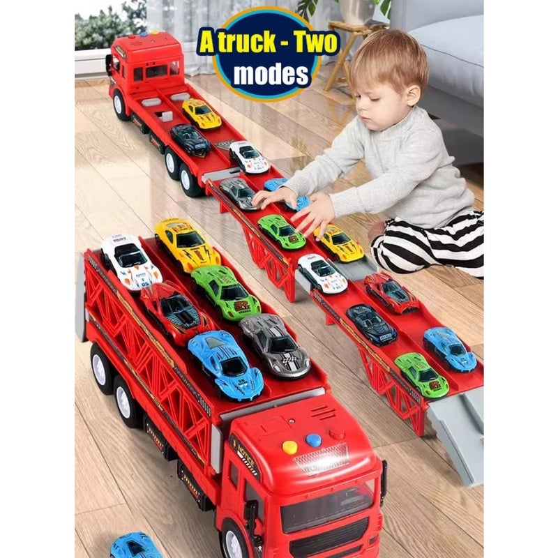 Race Car Track Toy Truck Toy with Slots and Foldable Race Tracks Transport Car Carrier Toy for Toddlers Cars Toy Set Container Truck Toy with 16 Alloy Cars Vehicles Toy Set for 3+ Boys Girls - Image 2
