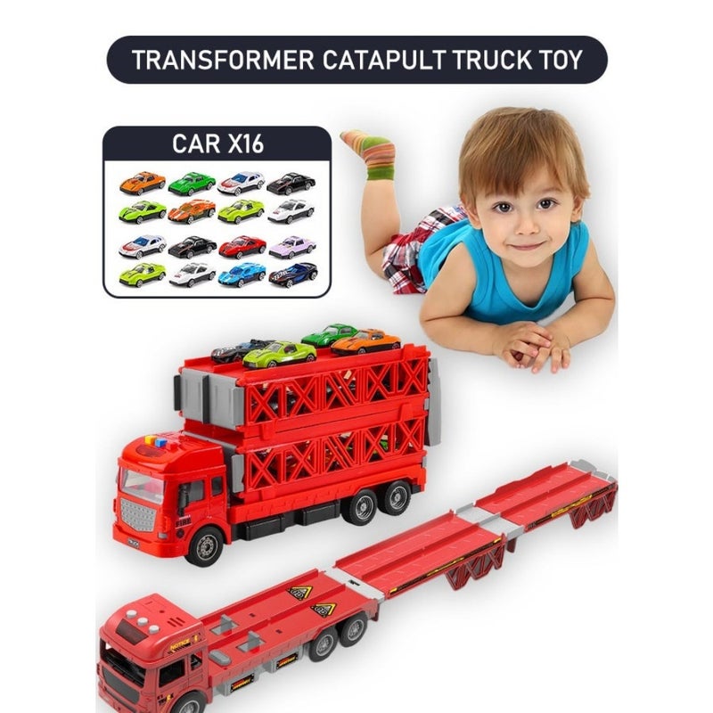 Race Car Track Toy Truck Toy with Slots and Foldable Race Tracks Transport Car Carrier Toy for Toddlers Cars Toy Set Container Truck Toy with 16 Alloy Cars Vehicles Toy Set for 3+ Boys Girls - Image 4