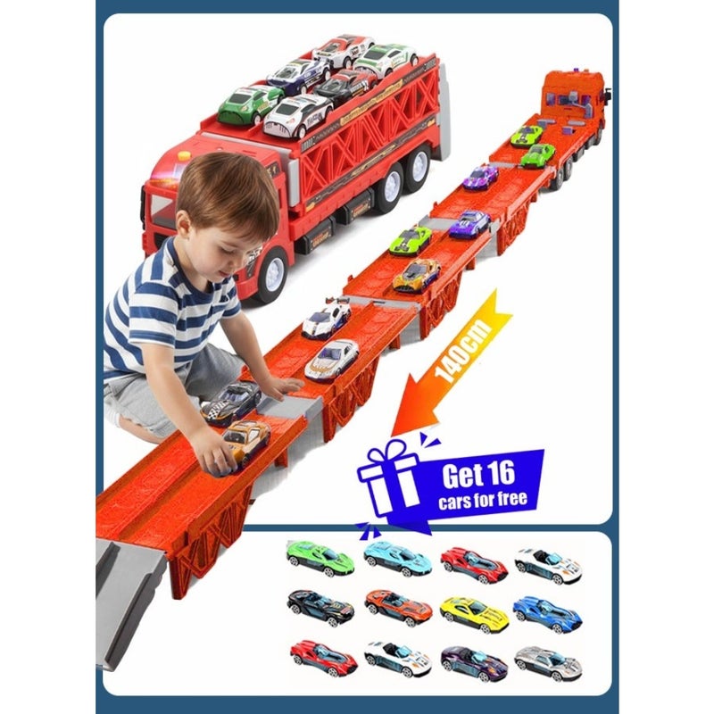 Race Car Track Toy Truck Toy with Slots and Foldable Race Tracks Transport Car Carrier Toy for Toddlers Cars Toy Set Container Truck Toy with 16 Alloy Cars Vehicles Toy Set for 3+ Boys Girls - Image 1