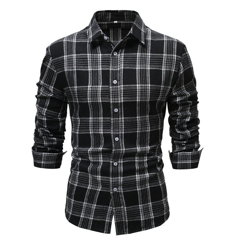 Red Sanding Plaid Long Sleeve Mens Shirt Foreign Trade Mens Business Casual Shirt Mens Spring, Autumn and Winter Cross-border Cardigan MY014 BLACK CHECK