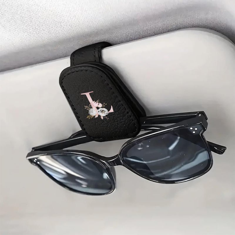 1pc Universal Car Sun Visor Glasses Clip Faux Leather Yellow Floral Print Glasses Storage Case - Image 1