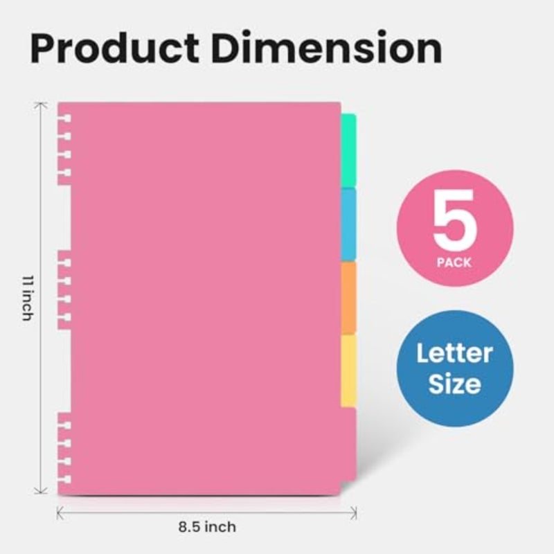Removable Dividers and Tabs for 8.5" x 11" Spiral Notebook, A4 5 Tab Color Index Dividers with 10 Adhesive Labels, Replacement Accessories for 5 Subject Notebook, Office and Study Organization - Image 2